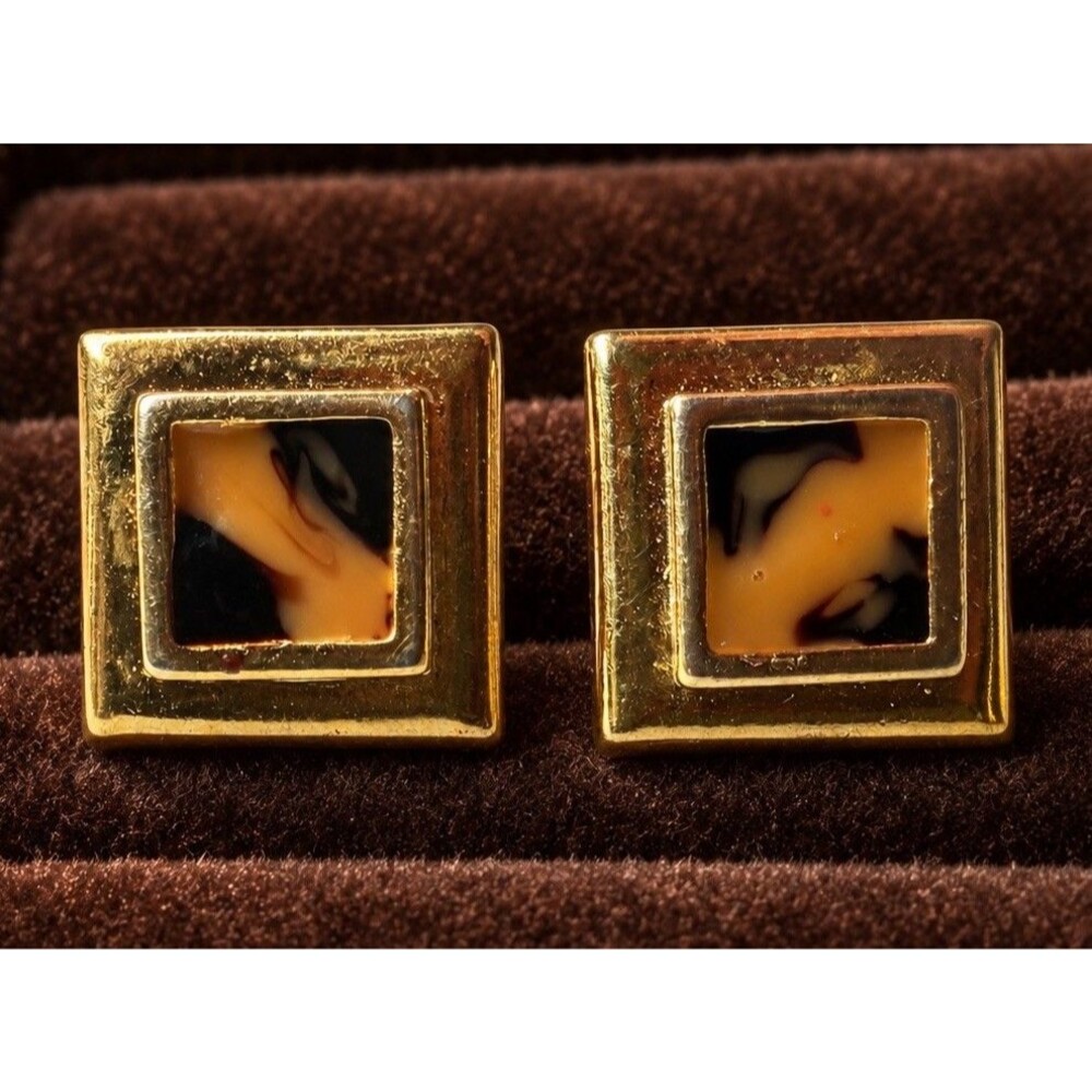 Vintage Faux Tortoiseshell Square Stud Earrings Gold Tone Geometric Pierced